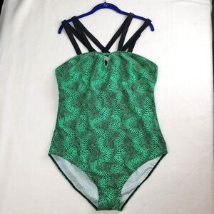 Plus Size One Piece Swimsuit Womens XXL Neon Green Print Criss-Cross Back‎ Rave